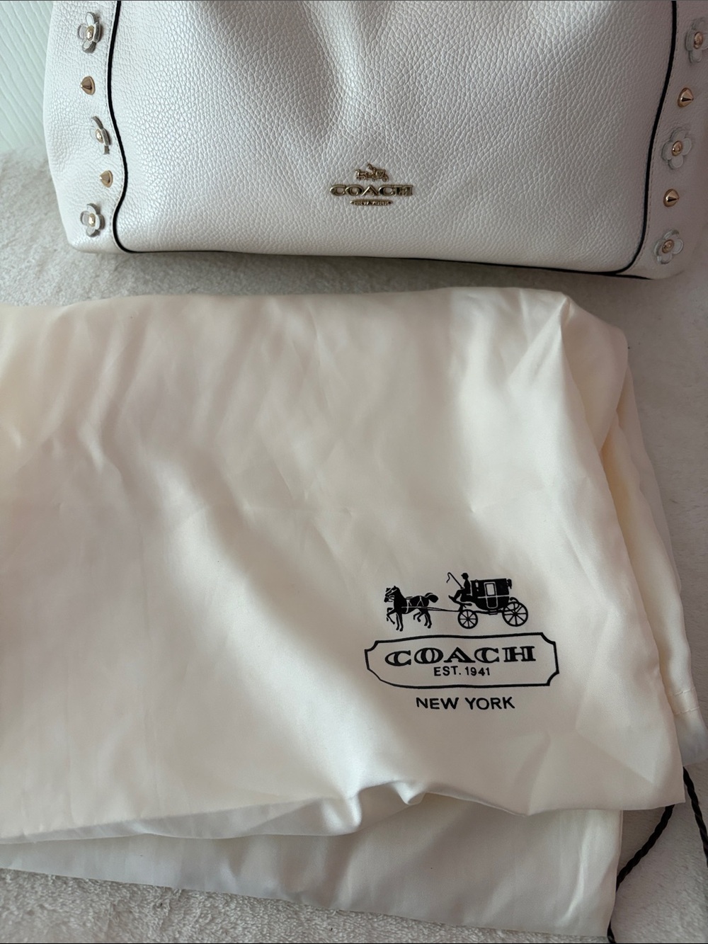 Coach White Pebbled Leather Hobo with Gold Floral Stud Accents - Picture 2 of 13